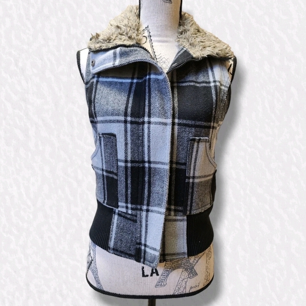 Anchor Blue Wool Blend Vest Womens Size S Plaid Black Gray Faux Fur Collared